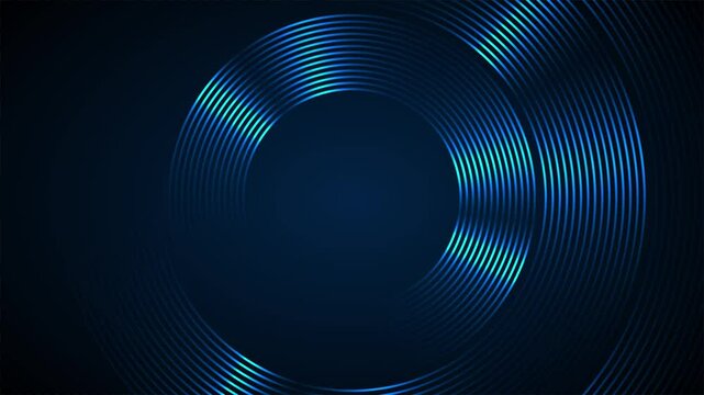 Abstract animated background with shiny blue circle lines spinning in dark space. Dynamic and smooth rotating ring stripes for ads, creative digital design, motion graphic element, or presentation