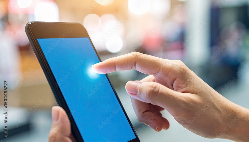 Poster close-up view of a hand tapping a smartphone screen in a soft-focus environment, emphasizing technol