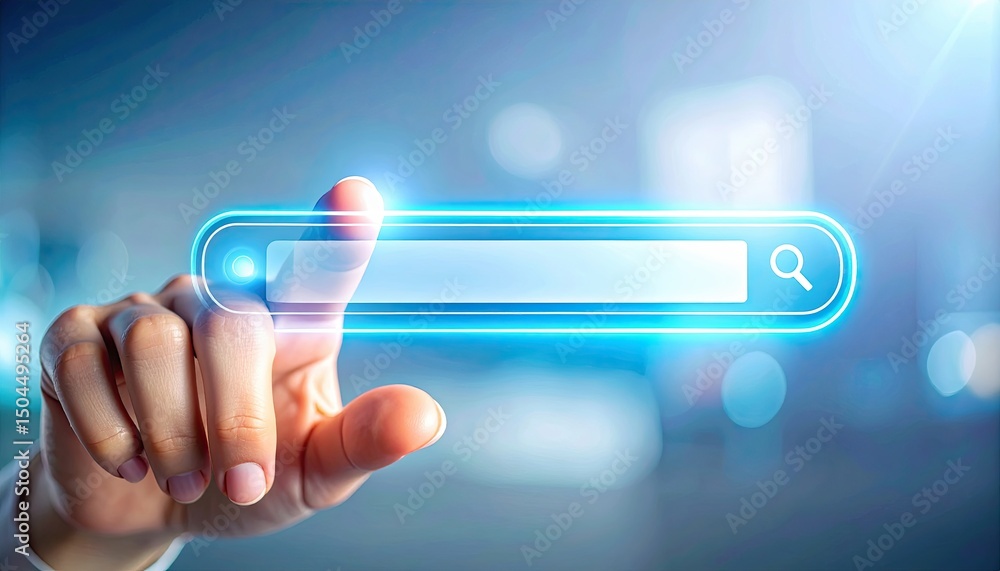 Poster hand interacting with a digital search interface, symbolizing technology and modern communication in