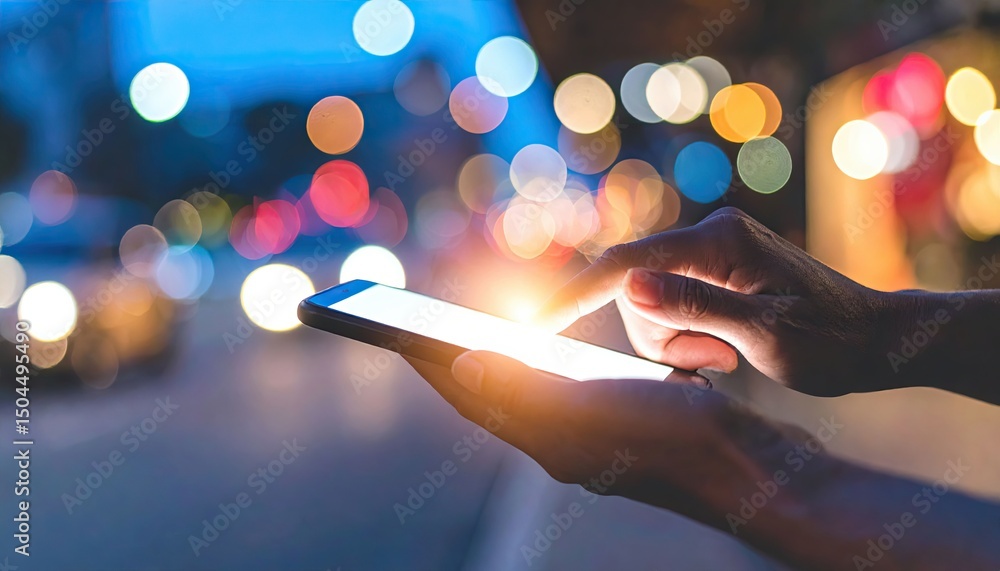 Aufkleber close-up of a person using a smartphone at night with colorful bokeh lights in the background