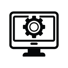 black outline vector of a computer monitor with gear icon.eps