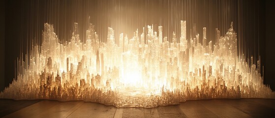 Glowing crystal city sculpture, gold light, art installation, modern interior design, architecture art