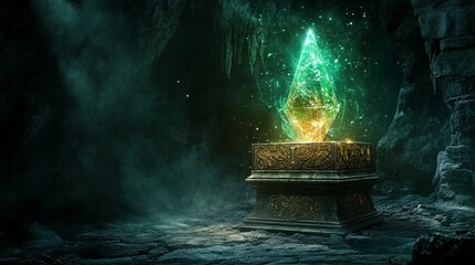 Glowing green crystal on ornate pedestal in dark cave