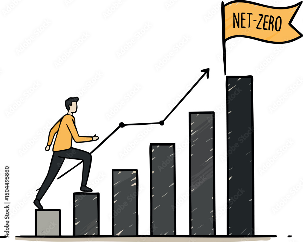 Poster man climbing bar chart towards net zero flag for sustainability goal and growth concept vector illus