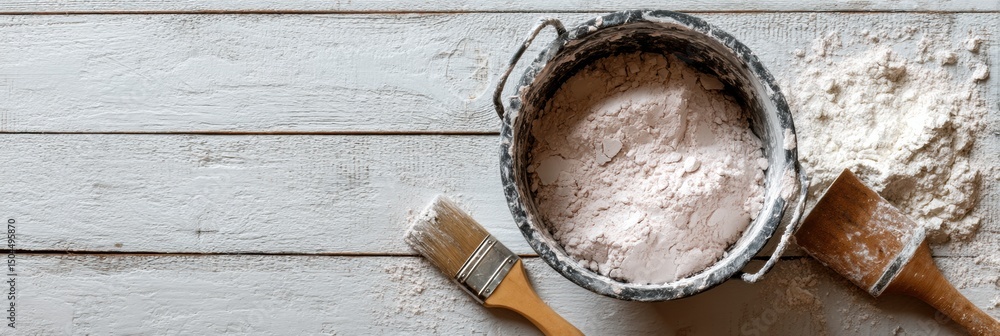 Poster flatlay of trowel and plaster bucket on plywood sheet with soft light showcasing plastering tools an
