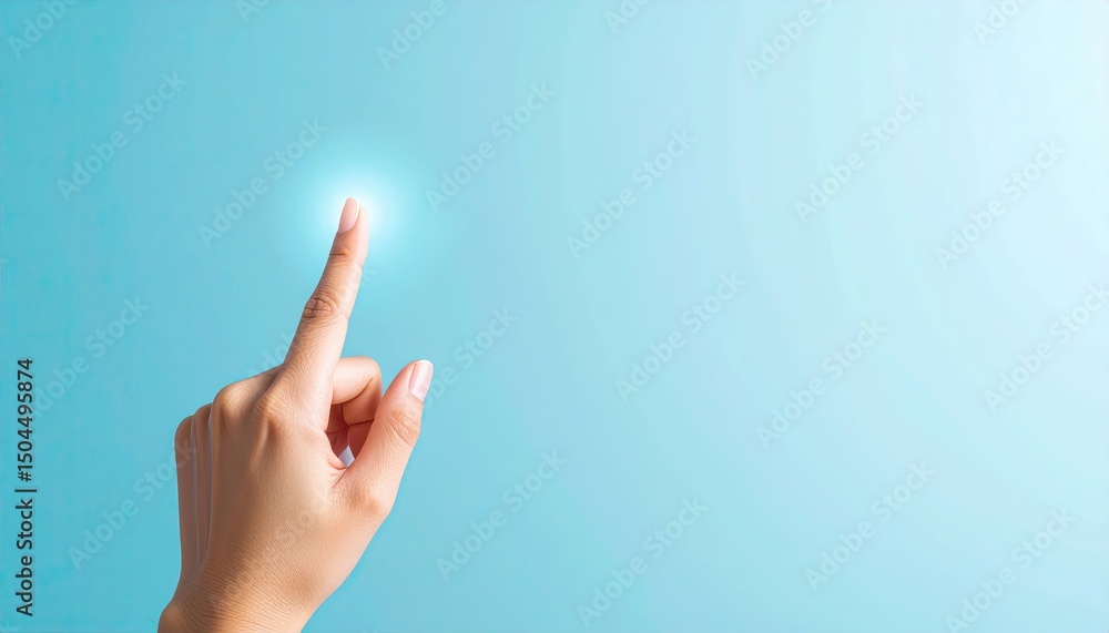 Aufkleber close-up of a hand with extended index finger touching glowing light against a soft blue background