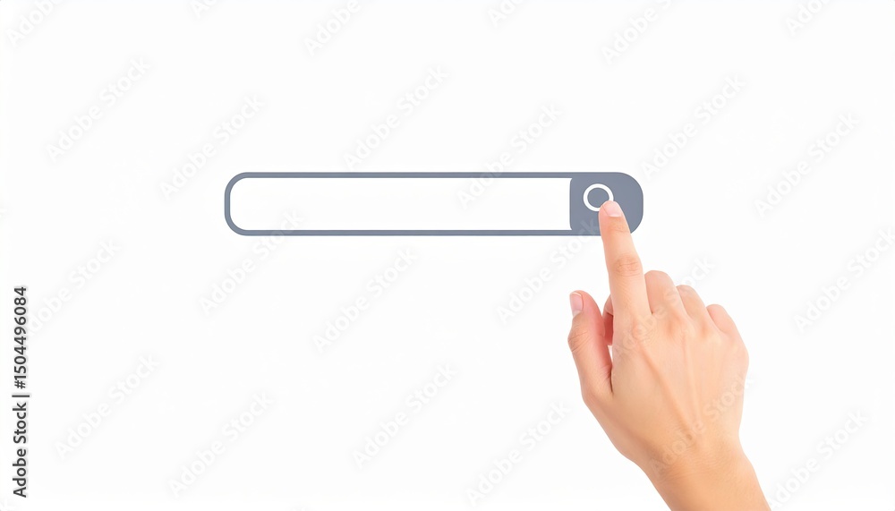 Poster hand interacting with a search bar on a minimalistic white background, symbolizing digital technolog