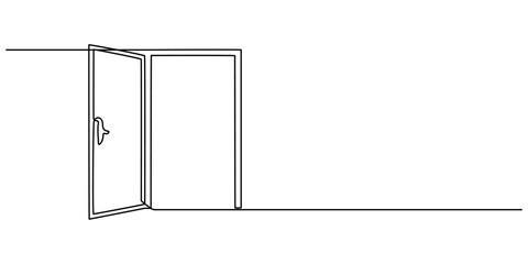Door outline drawing illustration. one continuous line drawing of opened door, A modern line art depiction of an open door in one continuous line, Open door one line illustration, welcome sign minimal