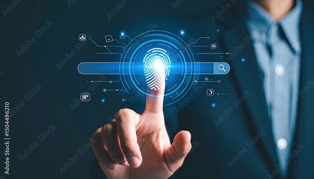 Aufkleber digital fingerprint recognition technology being activated by a business professional in a dark envi