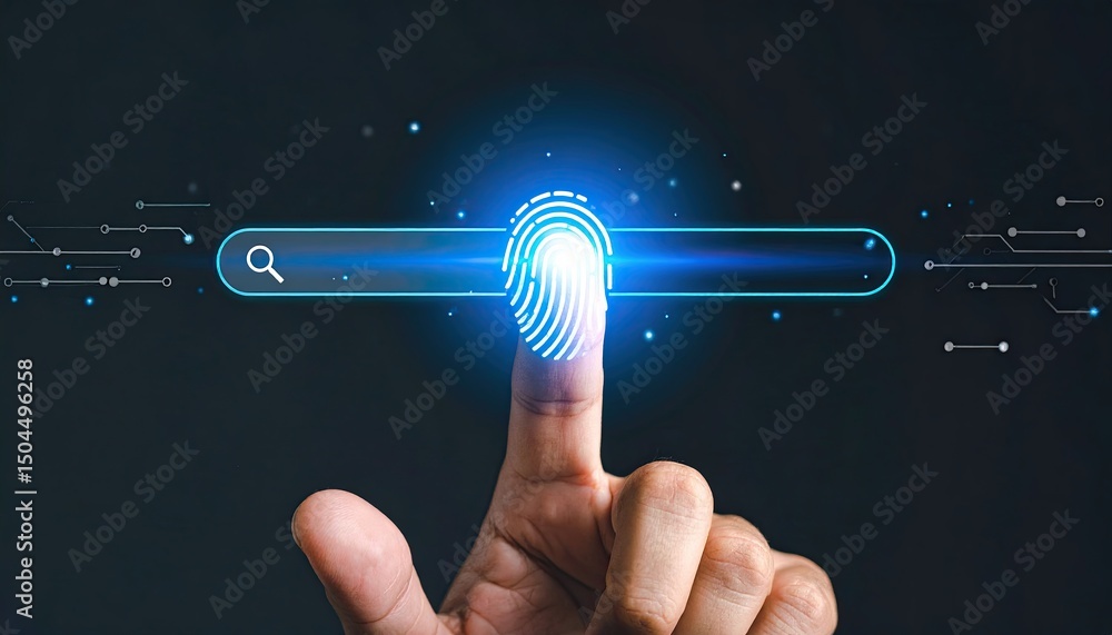Poster digital fingerprint authentication concept with glowing search bar and hand touching finger on dark 