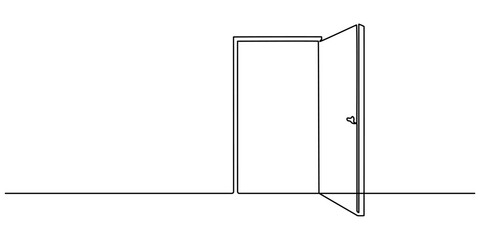 Door outline drawing illustration. one continuous line drawing of opened door, A modern line art depiction of an open door in one continuous line, Open door one line illustration, welcome sign minimal