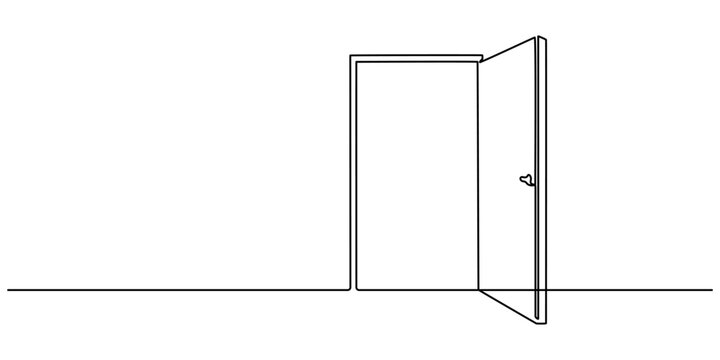 Door outline drawing illustration. one continuous line drawing of opened door, A modern line art depiction of an open door in one continuous line, Open door one line illustration, welcome sign minimal