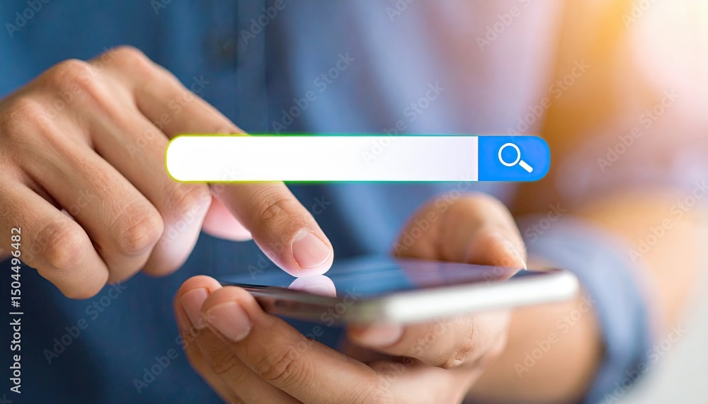 Poster close-up view of a person using a smartphone to search online with a search bar overlay for digital 
