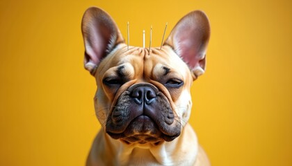 Relaxed dog with acupuncture needles on head. Pet therapy, alternative medicine for animals. Funny, sweet animal portrait, veterinary medicine concept, alternative pet care.