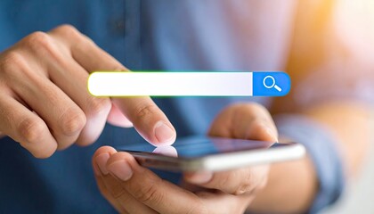 Close-up view of a person using a smartphone to search online with a search bar overlay for digital engagement