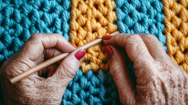 Hands knitting a colorful wool pattern with needles, crafting a warm and cozy item, showcasing the art of handcrafting and creative expression.