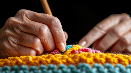 Hands crafting colorful yarn. Intricate stitches create a warm texture. A creative hobby, promoting relaxation and homemade beauty.