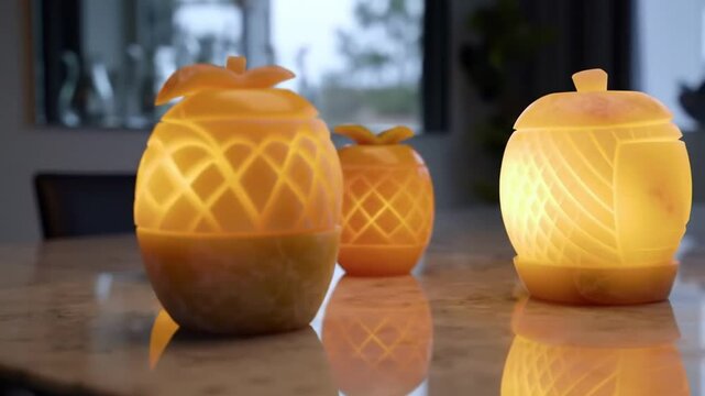 Illuminated Fruit Shaped Decor Ornaments on a Tabletop for Festive Decoration