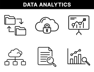 Data Analytics and Cloud Security Icons – File Sync, Locked Cloud, Presentation Board, Cloud Network, Document Search, Bar Chart for Business Intelligence Systems
