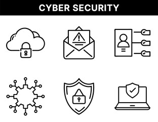 Cybersecurity and Network Protection Icons – Locked Cloud, Email Alert, User Credential Access, Secure Network, Shield Lock, Laptop Defense for Data Security