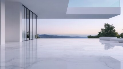 Modern minimalist terrace overlooking scenic landscape at sunset