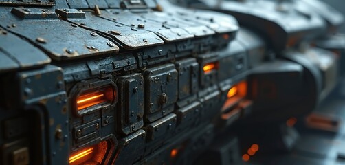 Close-up of spaceship metal exterior, intricate design. Futuristic spacecraft construction. Details of industrial science fiction tech. Rusty surface with glowing lights.