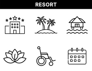 Fototapeta premium Resort and Wellness Hotel Icons – 5-Star Hotel, Tropical Island, Water Villa, Spa Lotus, Wheelchair Accessibility, Booking Calendar for Vacation and Travel