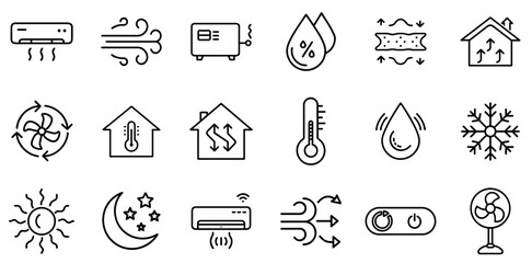 HVAC and Climate Control Line Icons Set – Air Conditioning, Heating, Humidity, Ventilation, Thermostat, Fan, Temperature Symbols for Home Comfort