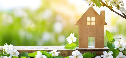 A wooden house model sits on a wooden surface surrounded by white flowers and a green bokeh background. This image is ideal for real estate, home decor, or spring concepts.