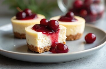 Mini cheesecakes, decorated with cranberry sauce on plate. Sweet pastry desserts with creamy cheese filling on biscuit base, ideal for cafe restaurant menu, party event catering. Tasty homemade food.