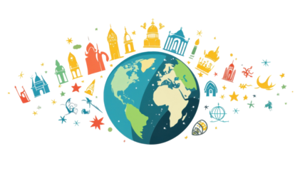 Diverse people from around the earth holding hands in global unity and cultural harmony, isolated on white background