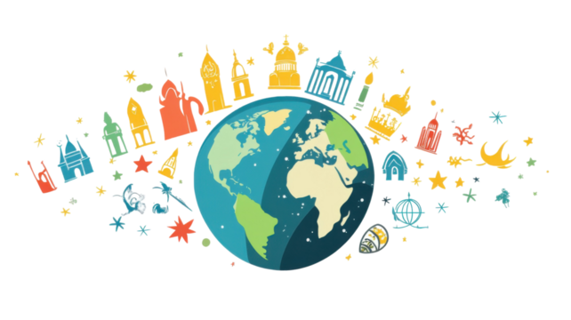 Diverse people from around the earth holding hands in global unity and cultural harmony, isolated on white background