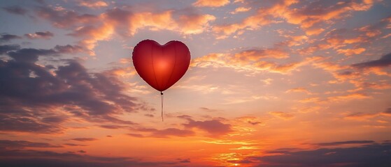 Fototapeta premium Heart-shaped balloon against a vibrant sunset sky with scattered clouds