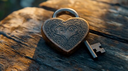 Fototapeta premium Heart-shaped padlock with key resting on a rustic wooden surface in soft light