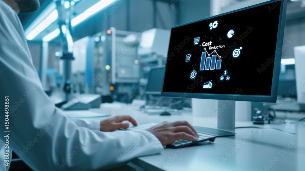 Poster cost reduction, cost saving concept shown on computer screen brisk, corporate business efficiently s