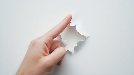 Ripping through a concept. A hand tears open a white surface, symbolizing breakthrough, revealing a clear, bright space of possibility, and new ideas.