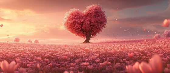 Heart-shaped tree on a flower field under pinkish sunset skies