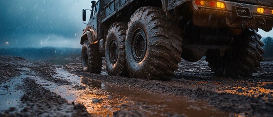 Heavy vehicle with mud tires driving through muddy, wet terrain at dusk