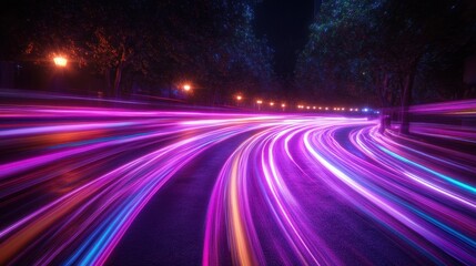 Vibrant night city lights with motion trails on roads