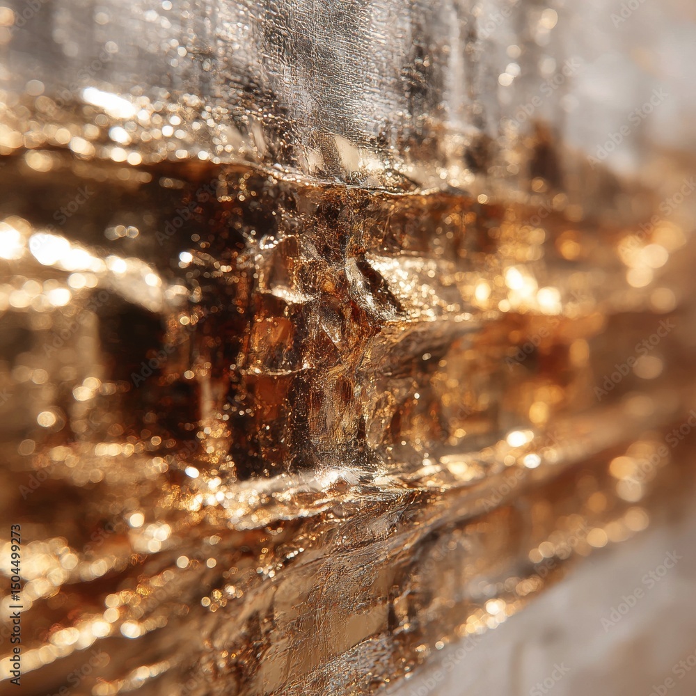 Poster golden gleam: abstract close-up of textured surface with sparkling bokeh highlights and reflected li