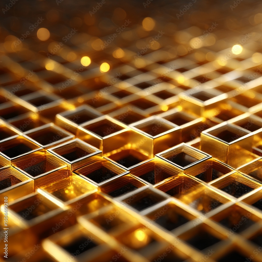 Leinwandbilder Golden Grid: Abstract Geometric Pattern with Bokeh Lights, Shining with Warm Tones and Intricate Detail