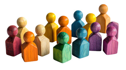 Colorful wooden figures in playful arrangement and handcrafted design, isolated on white background
