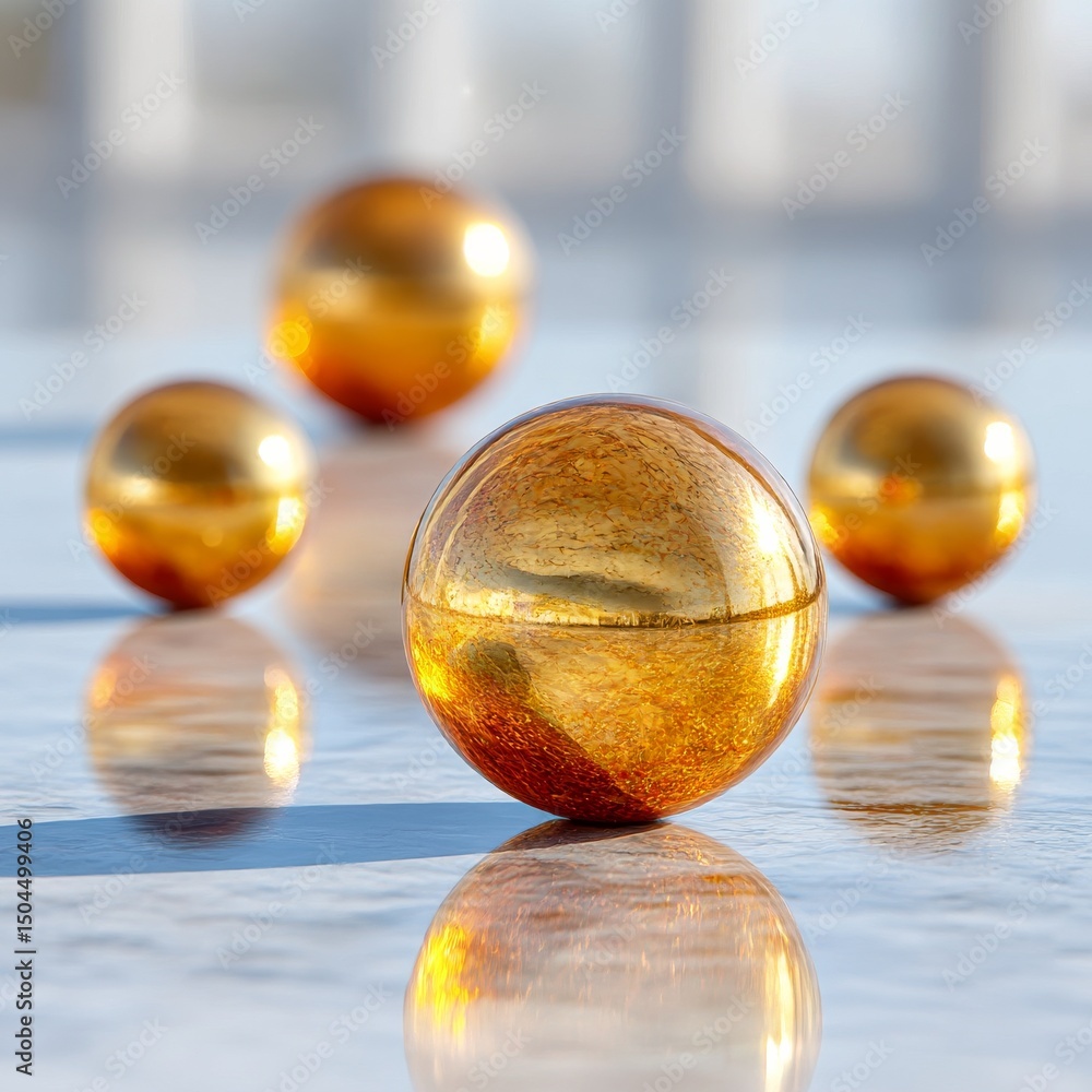 Poster Golden Orb Reflections: A Study in Symmetry and Light on a Textured Surface