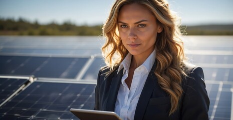 A focused technician holds a tablet by a sunlit solar grid.

