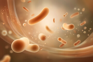 Microscopic view of probiotic bacteria in warm tones floating in fluid environment representing gut health and microbiome