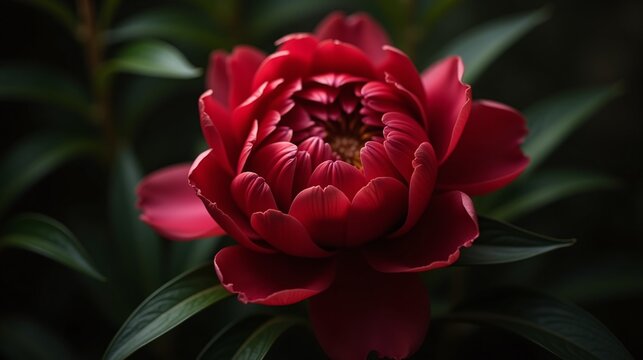 A vivid, deep red flower blooms amidst verdant foliage.