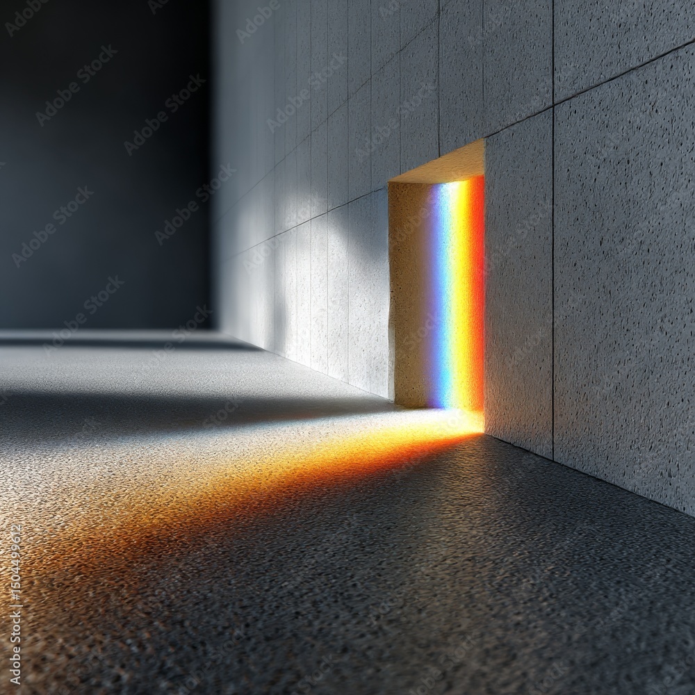 Aufkleber Illuminated Portal: A Rainbow of Light Shines Through an Opening in a Concrete Wall into a Dimly Lit Space.