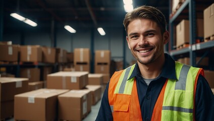 Efficient dispatcher, glowing warehouse lights, holds a box with a confident, charming smile.
