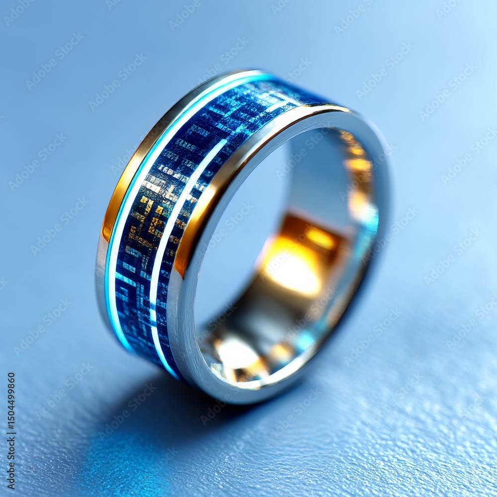 Aufkleber Sleek Tech Ring: A modern statement piece featuring a detailed circuit board pattern with gold and silver accents on a blue backdrop.