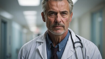 A contemplative, world-weary doctor in a hospital, their furrowed brow and distant gaze show wisdom and compassion.
